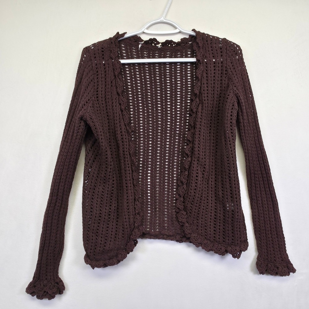 Crochet‎ Knit Cardigan Womens L Brown Open Ruffle Ribbed Layering Lounge Sweater - Picture 3 of 15